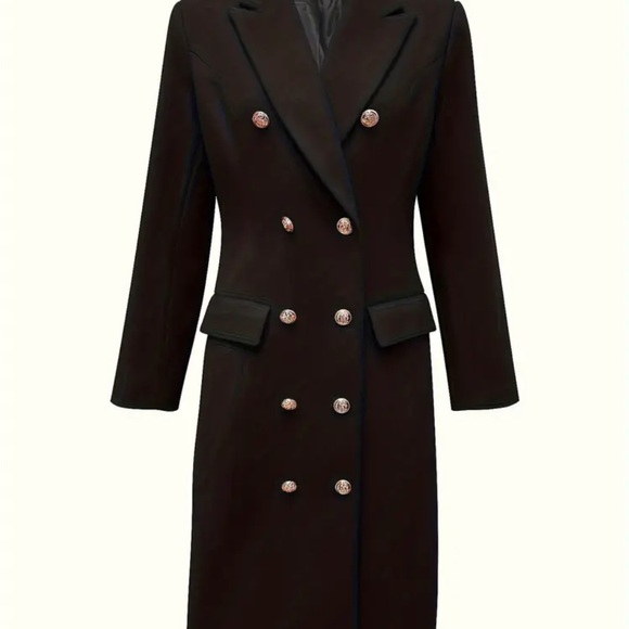 NWT Double-breasted Lapel Coat, Elegant Solid Long Sleeve Knee Length Coat - Picture 4 of 8